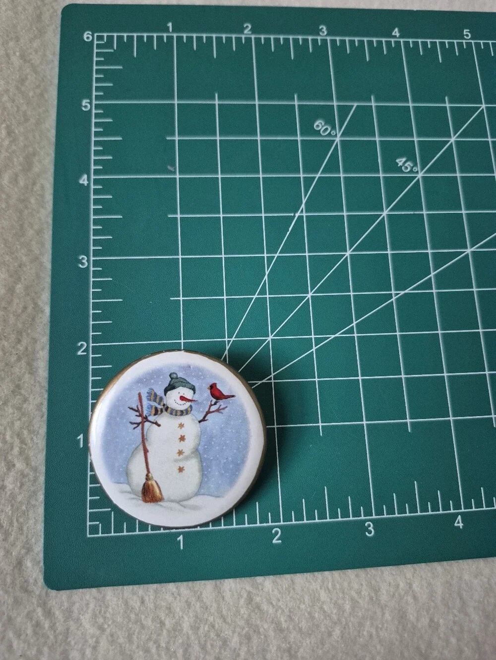 Vintage Holiday Porcelain Snowman Button Pin